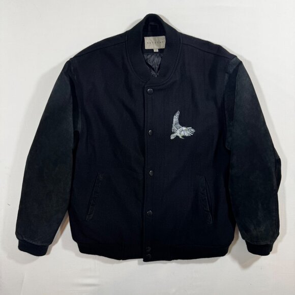 Vtg Varsity Bomber Jacket Eagle Embroidered Black Suede Wool 42 44 L Y2K Retro - Picture 2 of 14